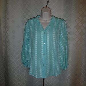 LC Lauren Conrad Aqua Patterned Button-Down Blouse